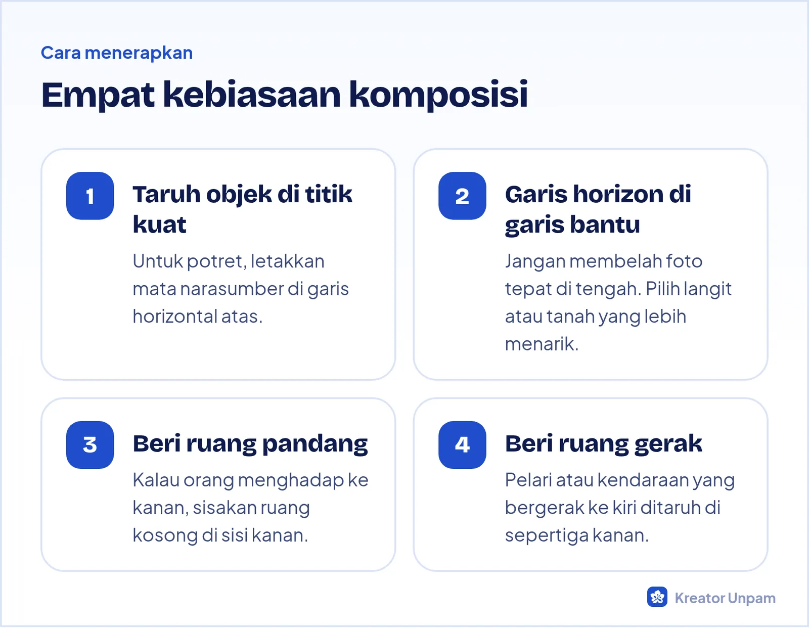 Empat cara menerapkan rule of thirds: titik kuat, garis horizon, ruang pandang, dan arah gerak