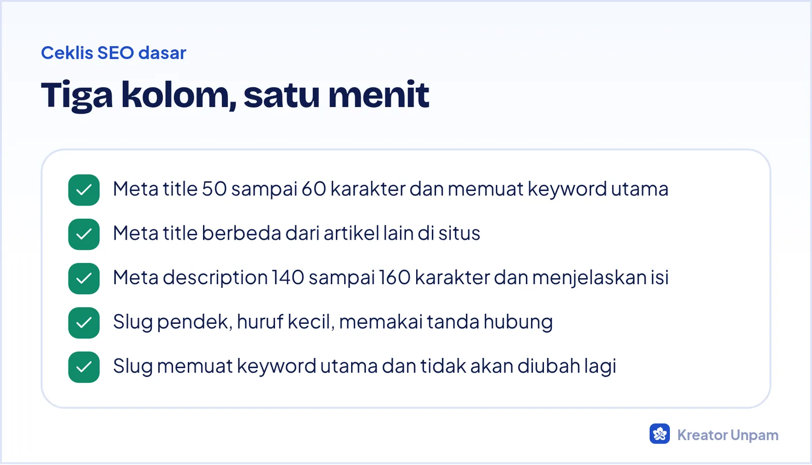 Ceklis meta title, meta description, dan slug sebelum artikel terbit
