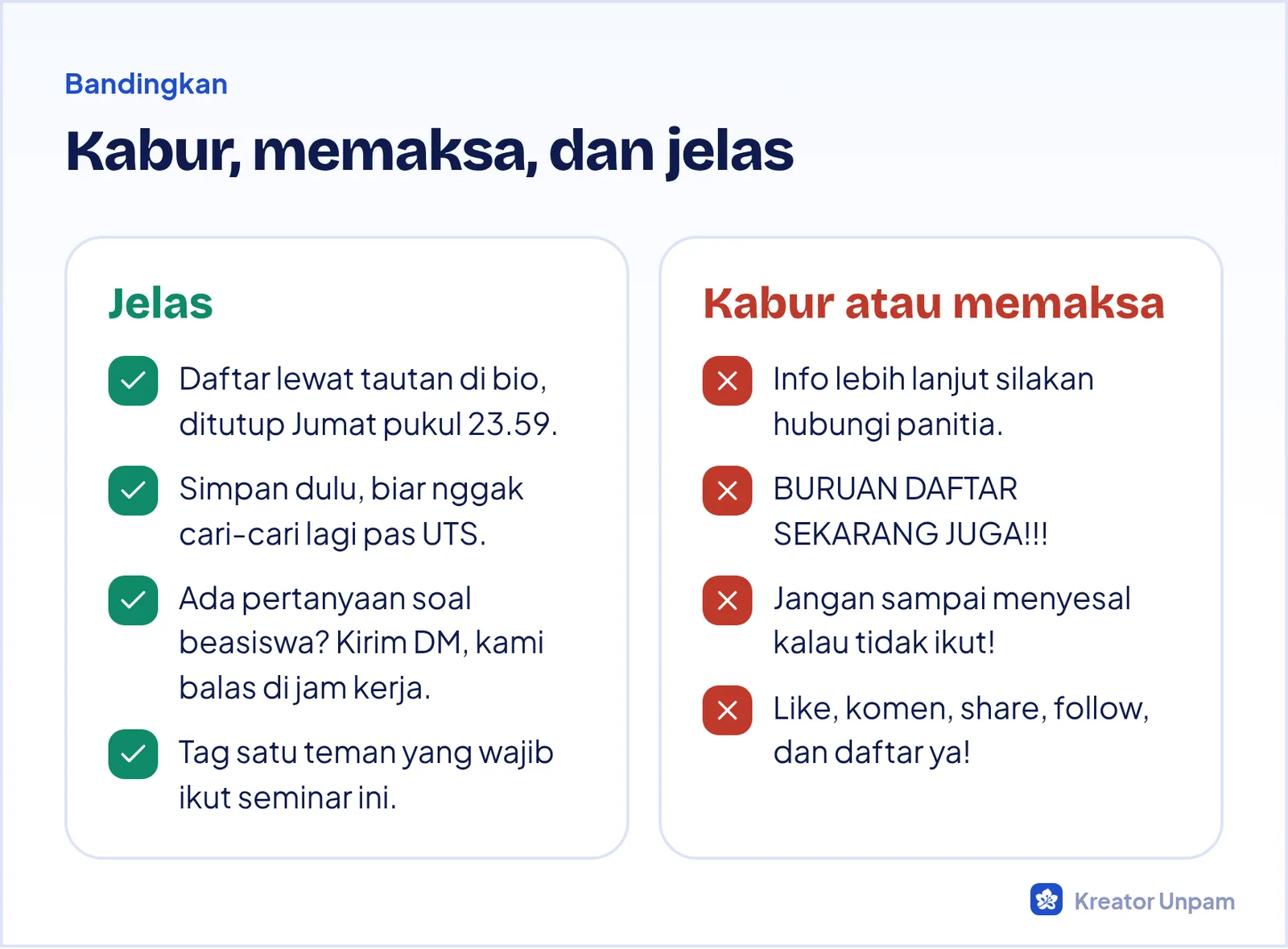 Perbandingan CTA yang lemah atau memaksa dengan CTA yang jelas