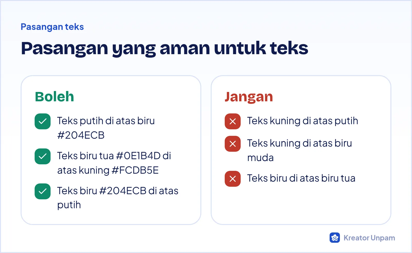 Pasangan warna teks dan latar dari palet contoh yang boleh dan tidak boleh dipakai