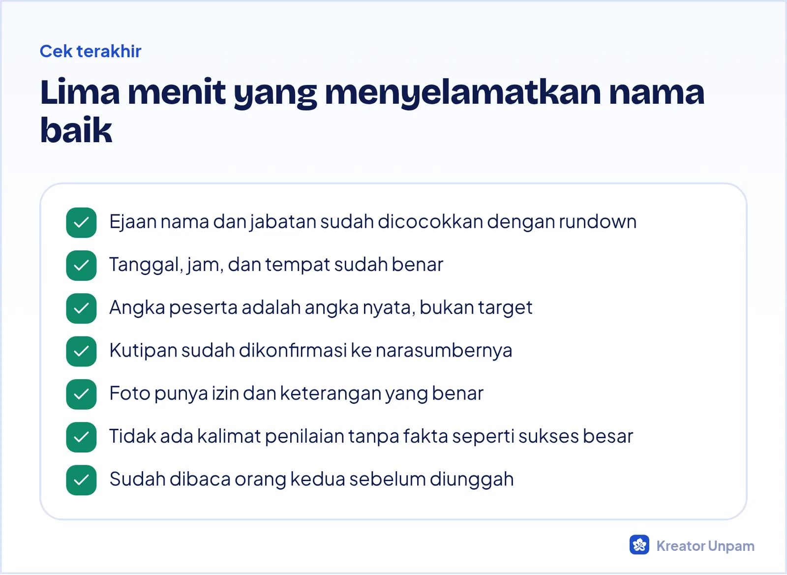 Ceklis sebelum menerbitkan berita kegiatan